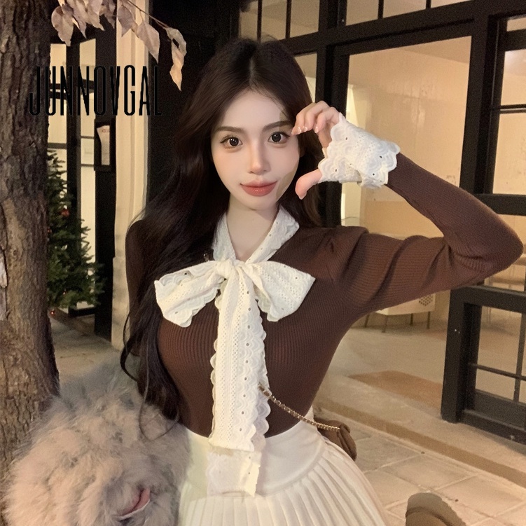 Junnovgal เสื้อกันหนาวแขนยาวลําลอง ผ้าถัก ประดับโบว์ สีตัดกัน สําหรับผู้หญิง 2024