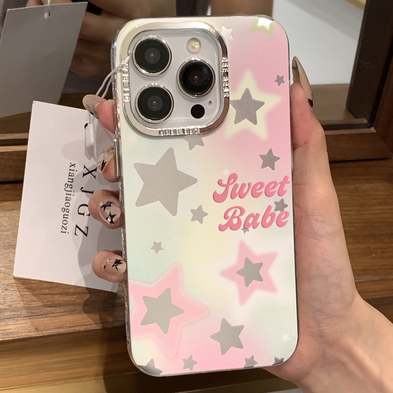 เคสไอโฟน 16/15/14/13/12/11 Pro max เกี่ยวกับความงาม ดาวสีชมพู เงิน hard Compatible Case iPhone 11,12,13,14,15,16,11PM,12PM,13PM,14PM,15PM,16PM