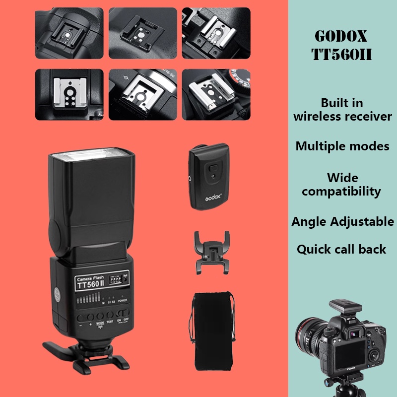 Godox TT560II แฟลชกล้อง พร้อมสัญญาณไร้สายในตัว 433MHz สําหรับกล้อง Canon Nikon Sony Olympus Pentax F