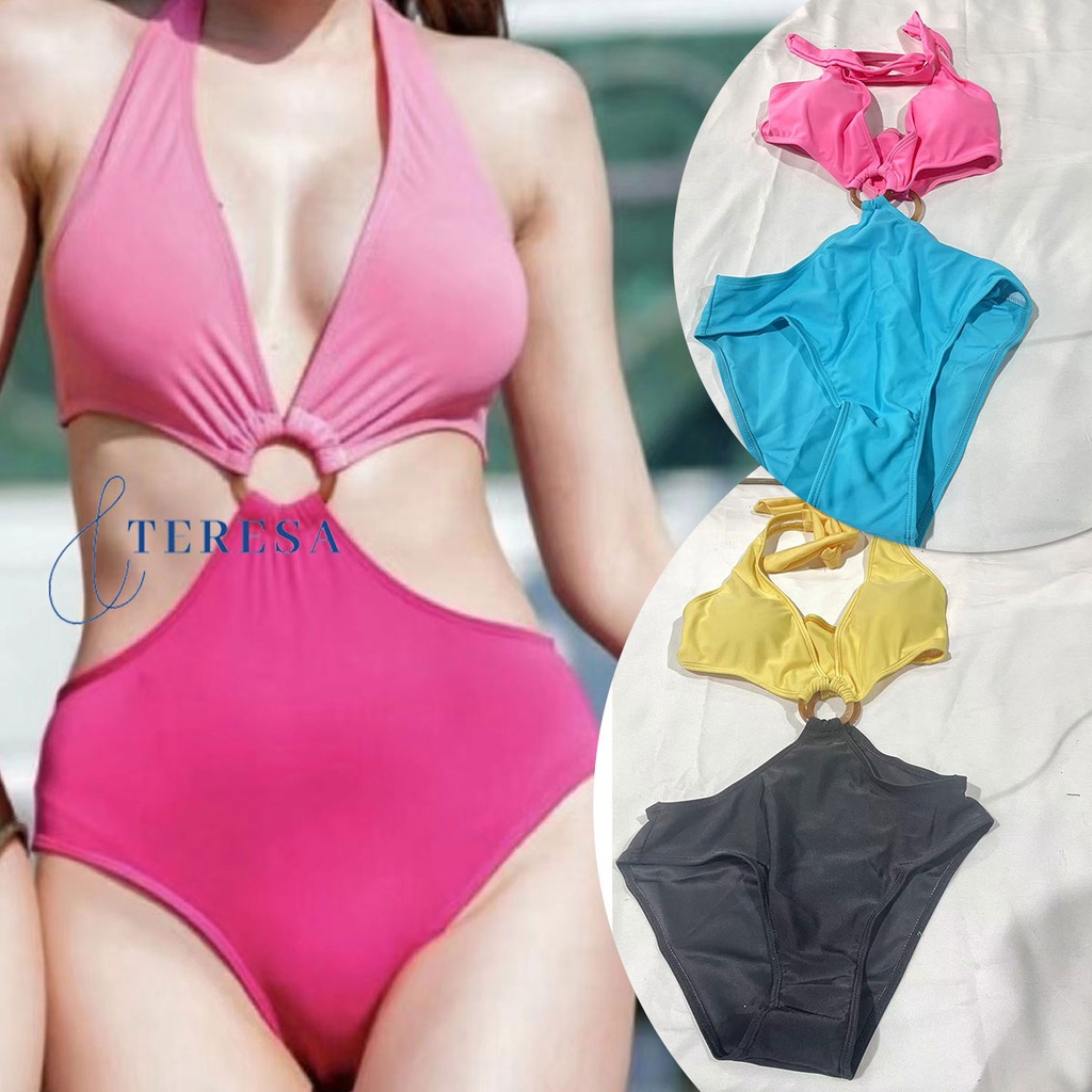 พร้อมส่ง ชุดว่ายน้ำวันพีช สีสันสดใส ทูโทน สไตล์เกาหลีเรียบง่าย