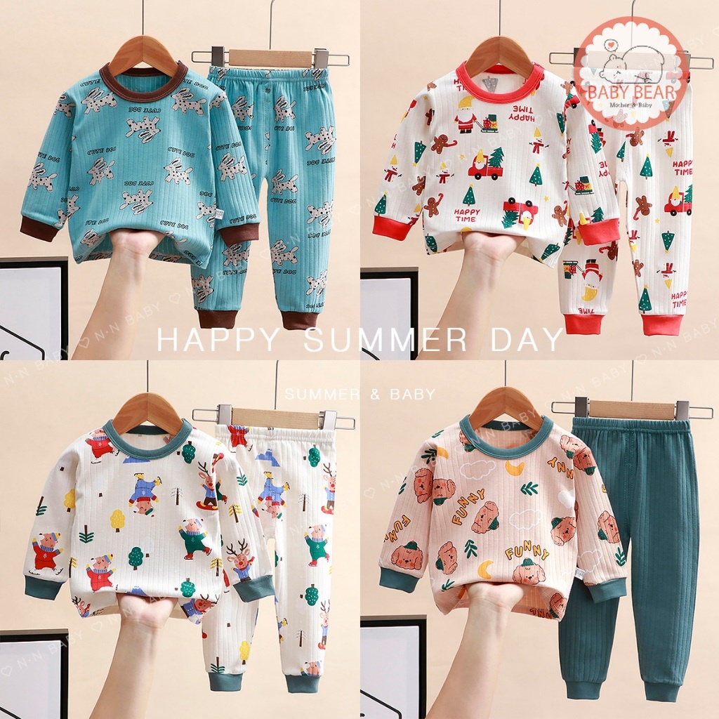 พร้อมส่ง ชุดนอนเด็ก ชุดเซท 2 ชิ้น เสื้อแขนยาว ขายาว คอกลม ผ้าฝ้าย ลายคริสมาส