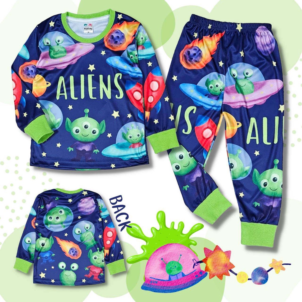 AL0935 ชุดเด็ก เสื้อแขนยาว+กางเกงขายาว ผ้าไมโครเกรดA ลายเอเลี่ยน มนุษย์ต่างดาว เสื้อผ้าเด็ก ชุดนอนเด็ก ชุดเด็กลายการ์ตูน