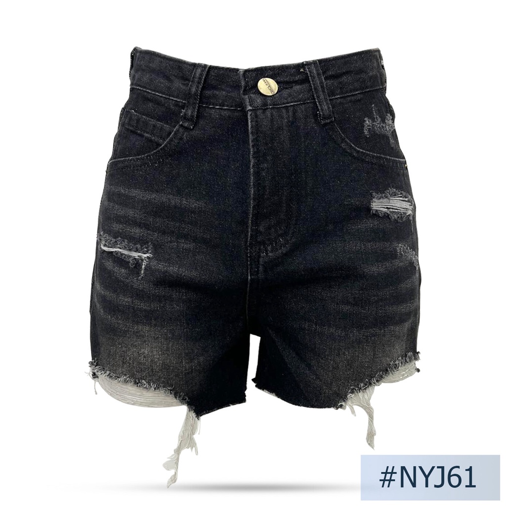 นิยมยีนส์ Niyom jeans รุ่น NYJ61 กางเกงยีนส์ขาสั้นแต่งขาด สีดำฟอก ผ้าไม่ยืด แต่งขาด ปลายขาตัดแต่งเซอ
