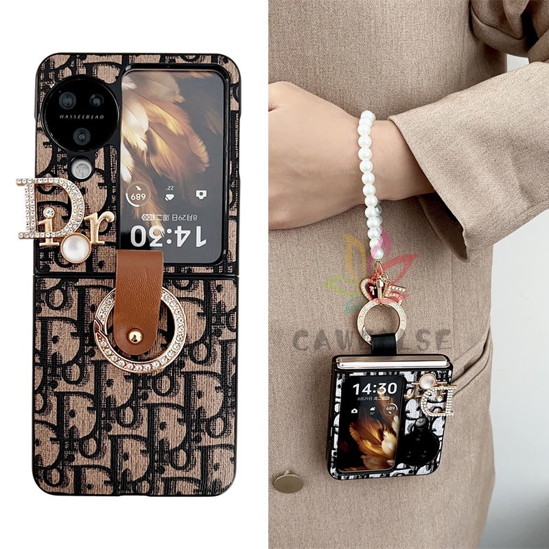 เคสโทรศัพท์มือถือหนัง PU ฝาพับ กันกระแทก ประดับเพชร พร้อมแหวนคล้องมือ และไข่มุก สไตล์เรโทร สําหรับ OPPO Find N2 N3