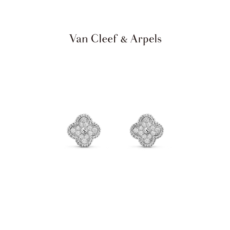 [พร้อมส่ง] ต่างหู รูปใบไม้สี่แฉก VCA Van Cleef &amp; Arpels Sweet Alhambra ประดับเพชร สีทอง ของขวัญวันเกิด