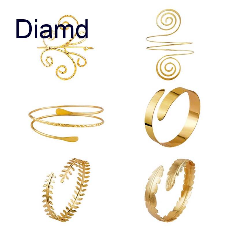 Diamd 6 ชิ้น สายรัดแขน ด้านบน กําไลข้อมือ สร้อยข้อมือ กําไลข้อมือ สําหรับผู้หญิง สีเงิน ทอง ปรับได้ ชุดปลอกแขน
