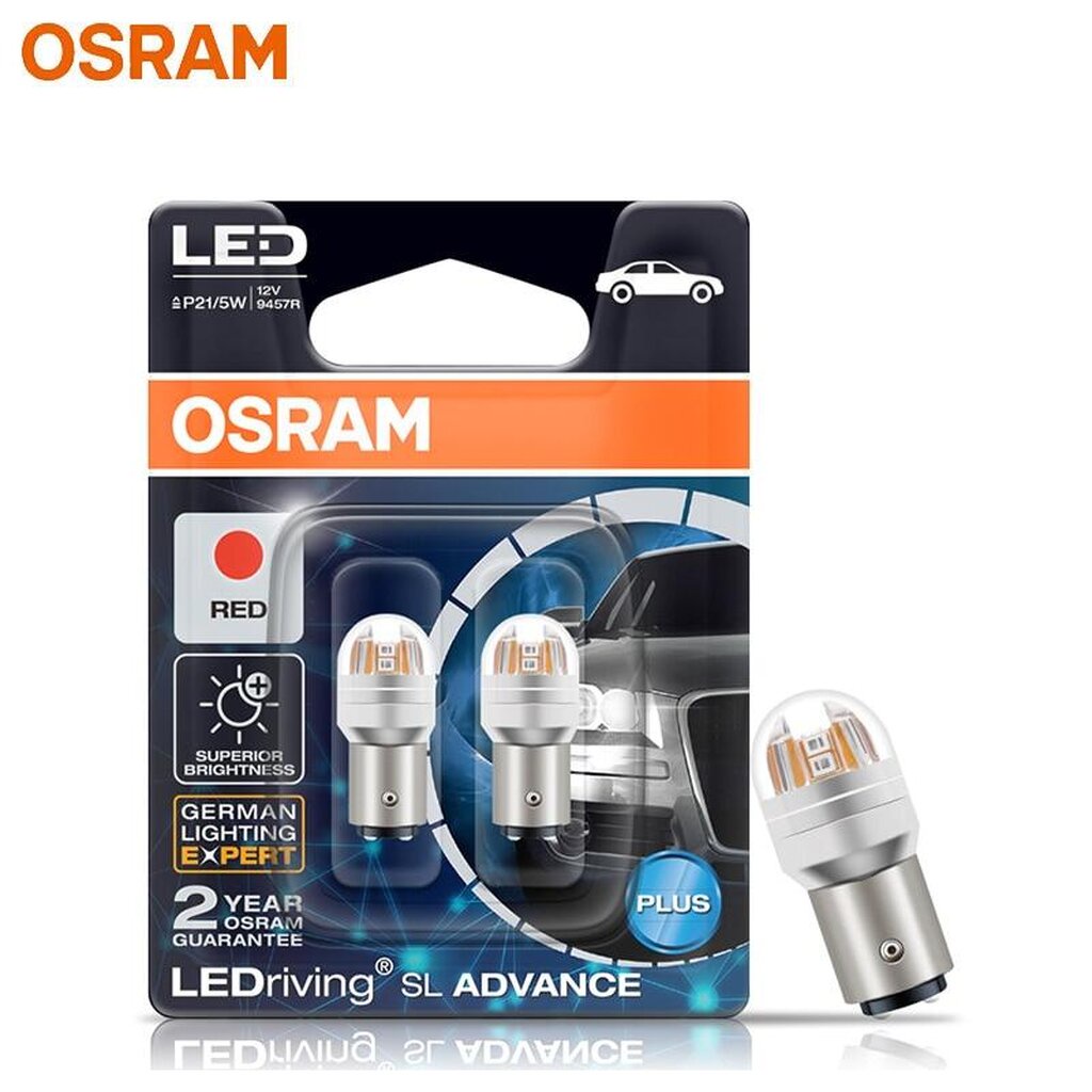 OSRAM หลอดไฟเบรค LED รถยนต์ 1157 P21/5 แบบเขี้ยวบิด 2 จุด สำหรับไฟเบรค สีแดง Red P21/5W