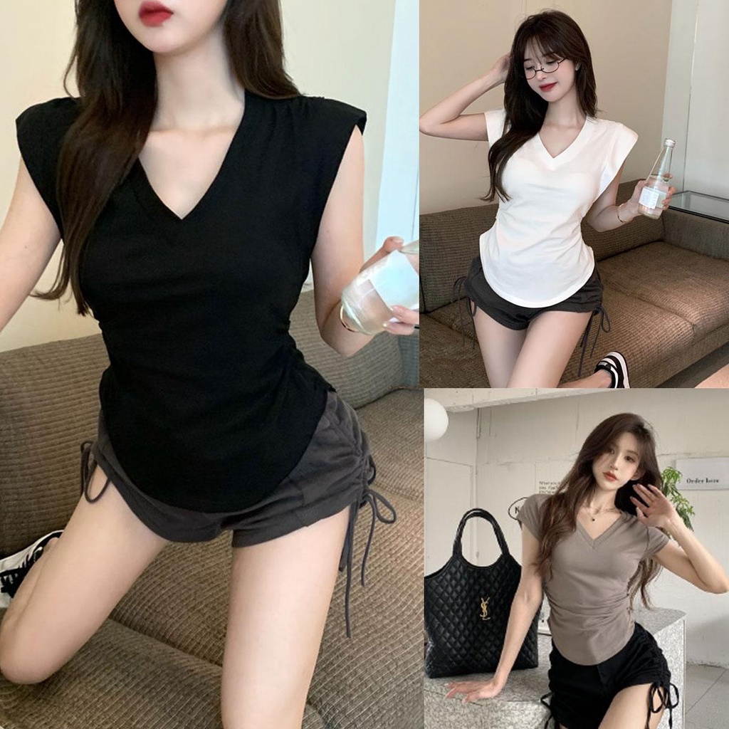 STYLE พร้อมส่ง 2592* เสื้อยืดคอวีผู้หญิง เสื้อยืดลำลอง แขนสั้นสีพื้น สลิมฟิต สไตล์เกาหลีใส่สบายผ้านิ่ม