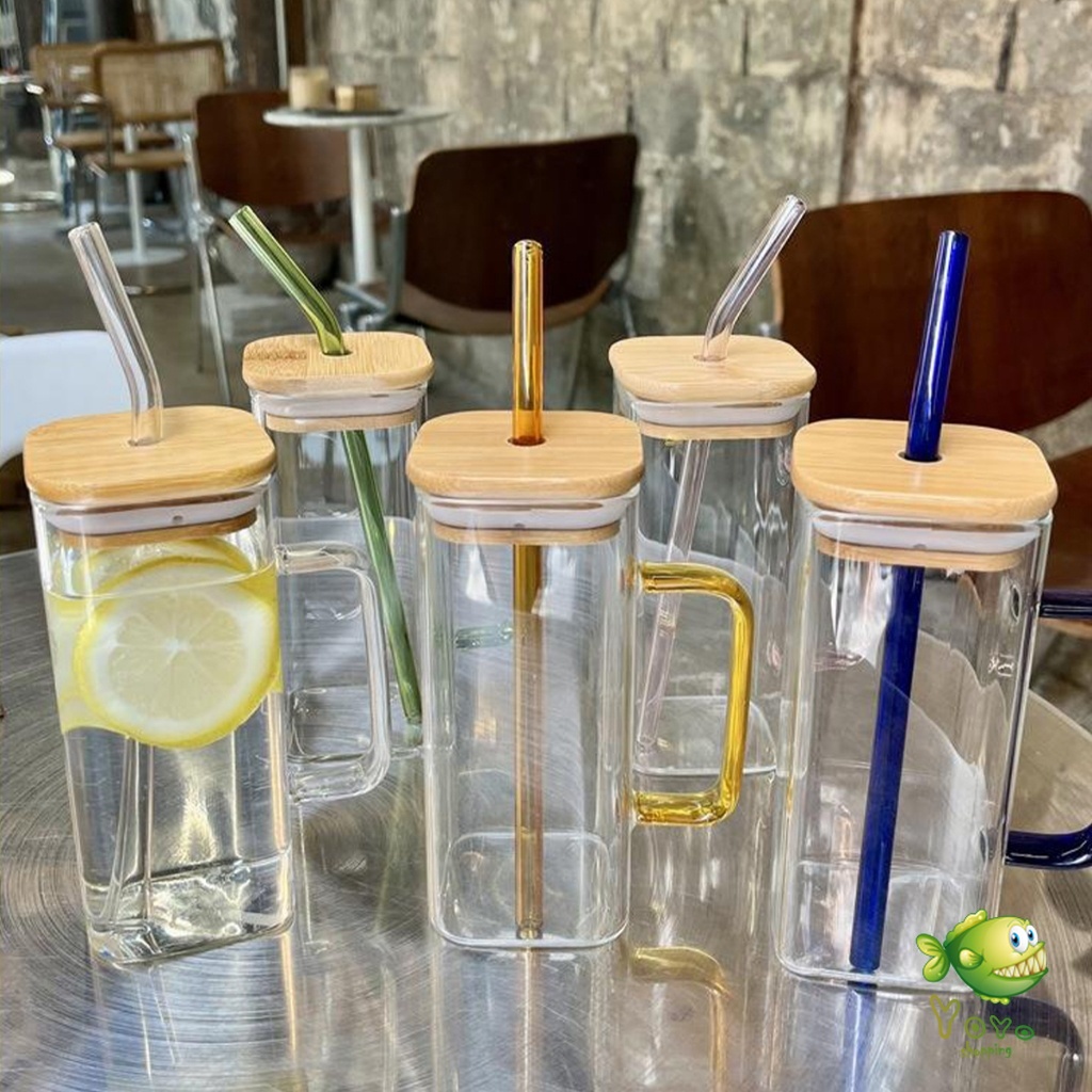 YOYO แก้วทรงสี่เหลี่ยม พร้อมฝาปิด และ หลอดดูด  ถ้วยน้ำผลไม้  400ml Glass coffee cup