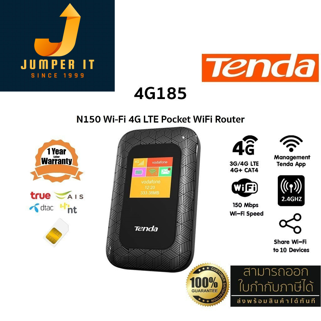 Tenda 4G185 สัญญาณ 4G LTE Pocket WiFi N150 ใส่ Sim ทุกเครือข่าย (แบตในตัว, หน้าจอ LED) ประกันศูนย์ 1