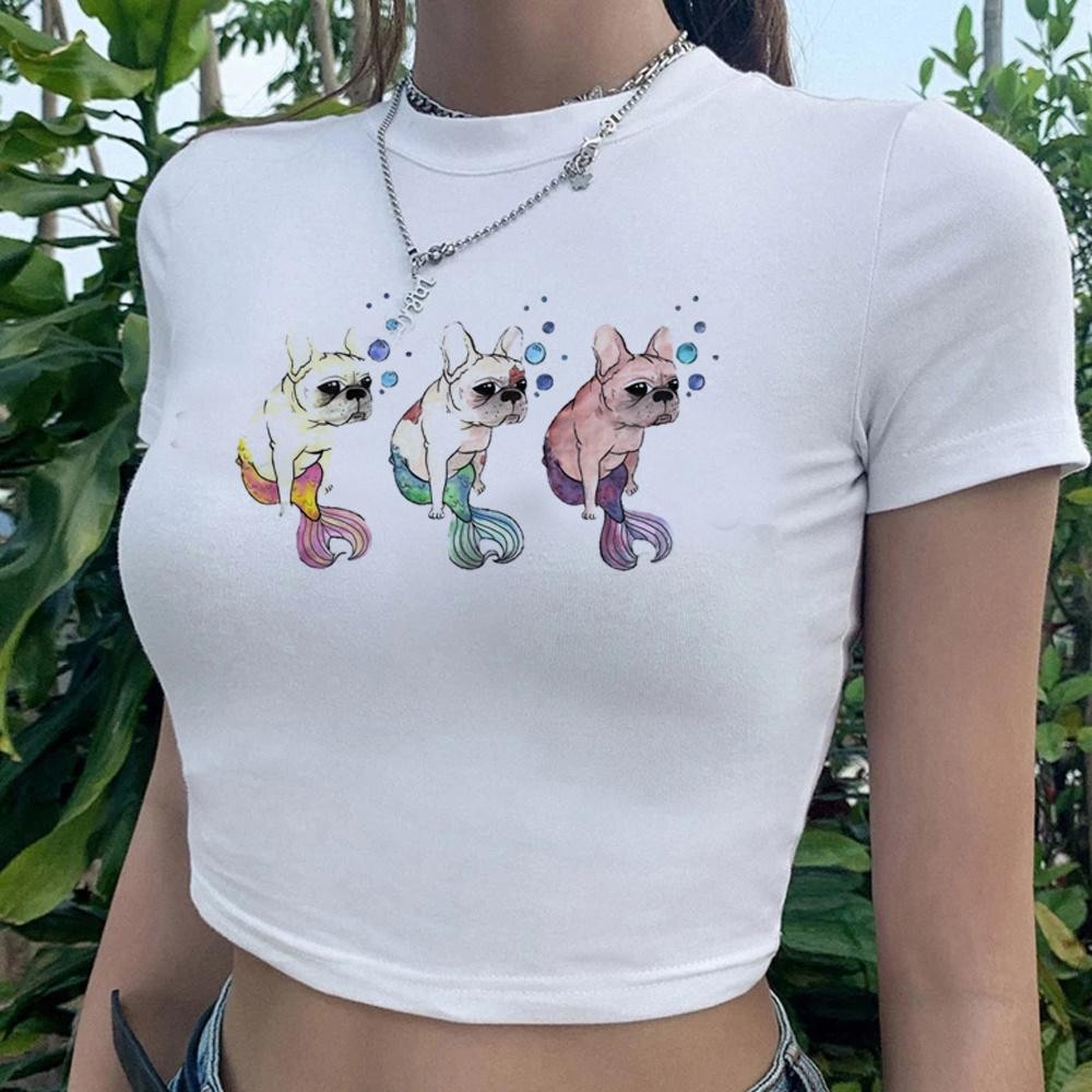 French Bulldog 90s gothic ความงาม crop top หญิง 2000s fairy grunge Harajuku kwai tee