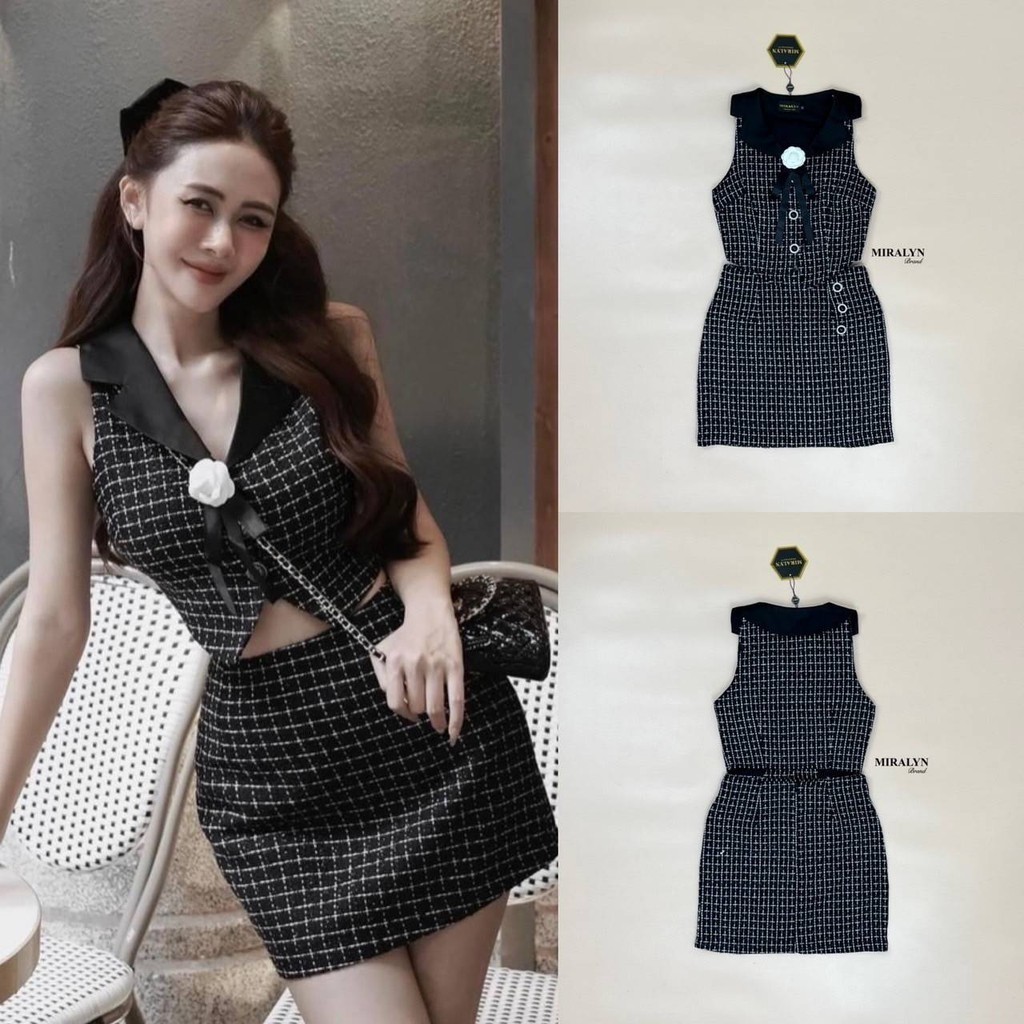 Mom.ss <พร้อมส่ง> MIRALYN41 Set 2 ชิ้น เสื้อและกระโปรงงานผ้าทวิตสีดำลายตัดสีขาวเสื้อคอปกงานกระดุม ร้