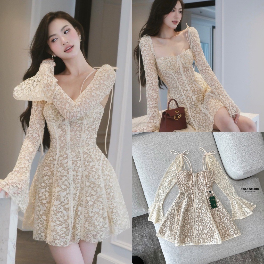Mom.ss (พร้อมส่ง) Swan144 มินิเดรสแขนยาวปลายบานลูกไม้สีครีม มีสายผูกโบว์ K.shop  สวยๆ mom.shop