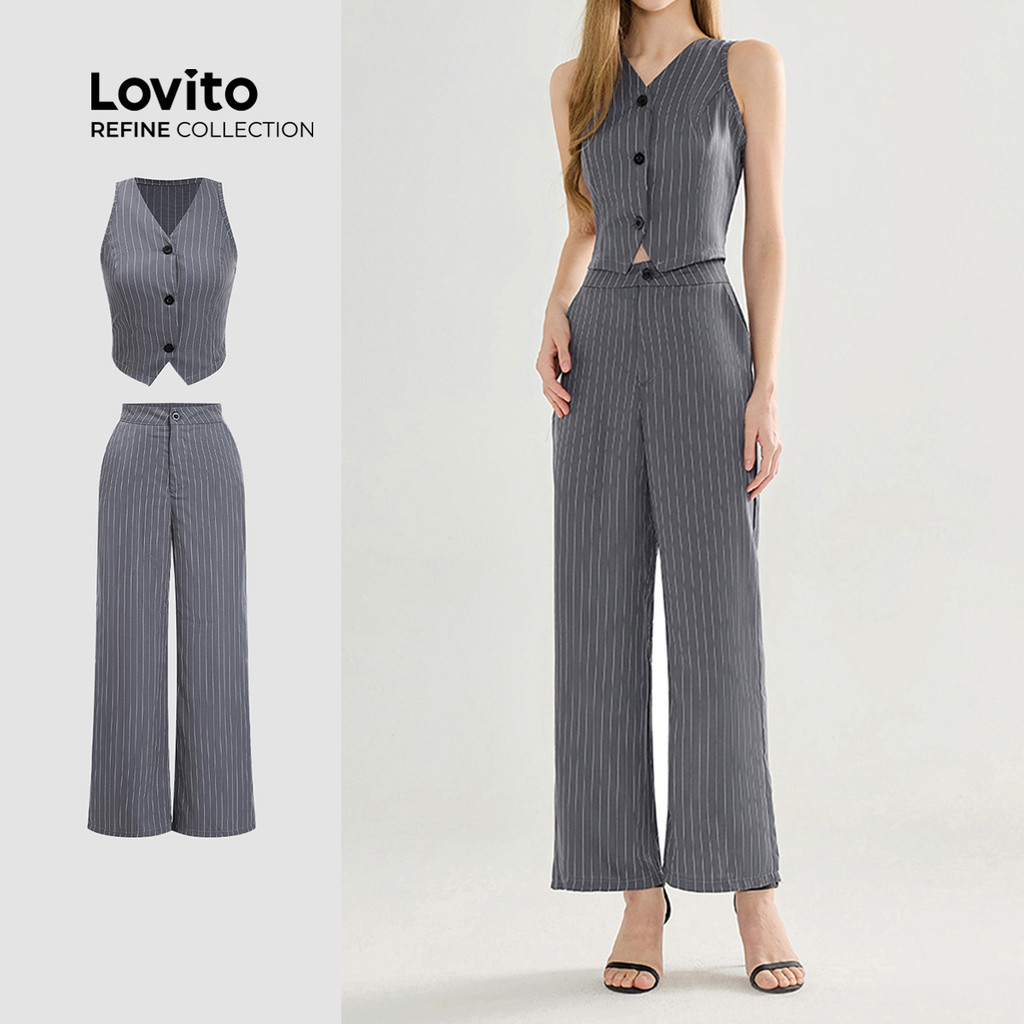 (Lovito Refine) ชุดกางเกงลายทางกระดุมหน้าลำลองสำหรับผู้หญิง L119BR005