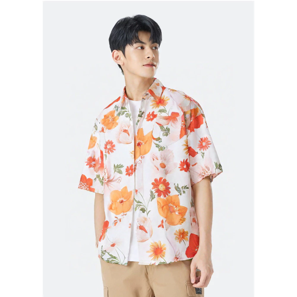 เสื้อสงกรานต์ผู้ชาย ฮาวาย แขนสั้น ผ้าไหมอิตาลี ลายดอก #3009 thumbnail 3