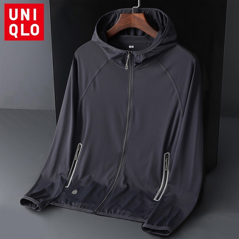 UNIQLO ยูนิโคล่ ผู้ชายผ้าไหมน้ําแข็งฤดูร้อนป้องกันแสงแดดแจ็คเก็ตเสื้อกันหนาวหมวกซิปขึ้นแจ็คเก็ตแจ็คเก็ตป้องกันรังสียูวี