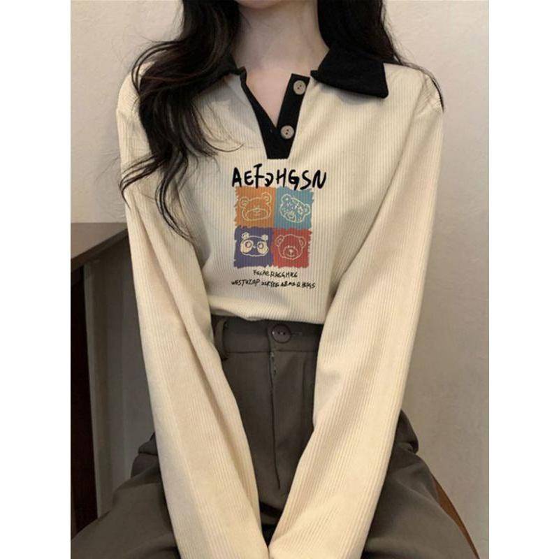 เสื้อยืดโปโล แขนยาว เปิดไหล่ สีคอนทราสต์ แฟชั่นฤดูใบไม้ร่วง สไตล์บอททอม