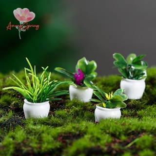 Amongspring&gt; กระถางต้นไม้จิ๋ว 1:12 สีเขียว สําหรับบ้านตุ๊กตา 4 ชิ้น