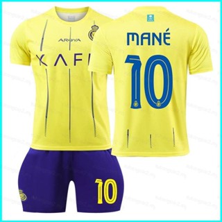 เสื้อยืด พิมพ์ลายการ์ตูนฟุตบอล Al Nassr FC Home Jersey Mane Football 23-24 สําหรับผู้ชาย 2 ชิ้น ต่อชุด