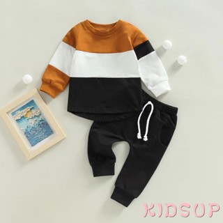 Kidsup1- เสื้อแขนยาว คอกลม สีตัดกัน และกางเกงขายาว สีพื้น สําหรับเด็กผู้ชาย 2 ชิ้น