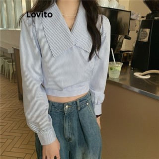 Lovito เสื้อเบลาส์ลําลอง ลายทาง ผูกเชือก แขนบิชอป สําหรับผู้หญิง LNE24203 (สีฟ้า)