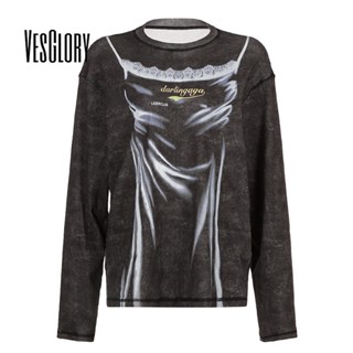 Vesglory เสื้อครอปท็อปลําลอง แขนยาว คอกลม ทรงหลวม พิมพ์ลาย สีพื้น แฟชั่นสําหรับสตรี 2023