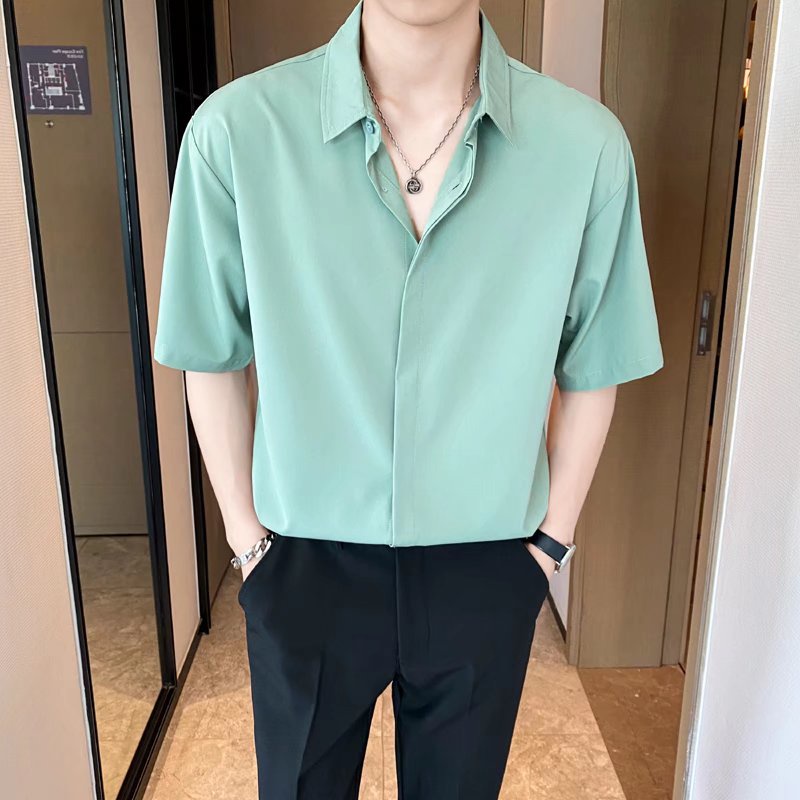 ชม.เสื้อเชิ้ตครึ่งแขนผู้ชายฤดูร้อนบางสไตล์สไตล์ฮ่องกงอินเทรนด์ อิน ลําลองหลวมเด็กชายเสื้อเชิ้ตระดับไฮเอนด์ครึ่งแขน