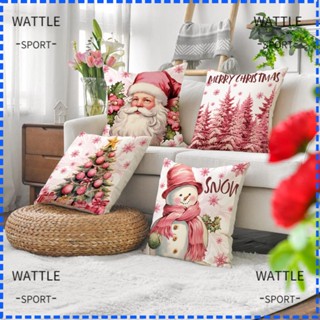 Wattle ปลอกหมอนผ้าลินิน ลายการ์ตูนคริสต์มาส ซานตาคลอส กวาง สโนว์แมน สีชมพู ขนาด 45*45 ซม. สําหรับตกแต่งบ้าน