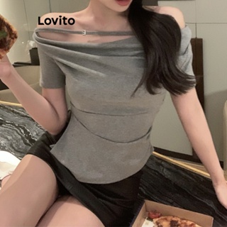 Lovito เสื้อยืดลําลอง จับจีบ ทรงอสมมาตร แบบเรียบ สําหรับผู้หญิง LNE17022 (สีเทา)