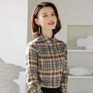 เสื้อเชิ้ตแขนยาว ลายสก๊อต น้ําหนักเบา พลัสไซซ์ สไตล์คลาสสิก สําหรับผู้หญิง