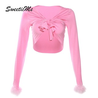Sweeticme เสื้อครอปแขนยาว คอวี ผ้าถัก สีพื้น เซ็กซี่ แฟชั่นใหม่ สําหรับผู้หญิง 2023