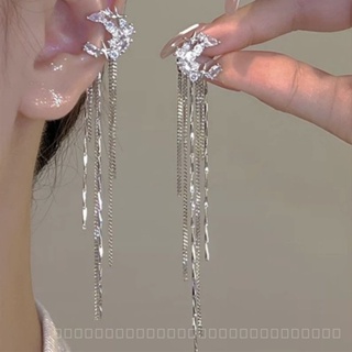 0912YWGM Niche Personality Zircon Moon Chain Tassel Long Ear Clip Female All-Matching Graceful without Piercing Earrings Eardrops 22ET