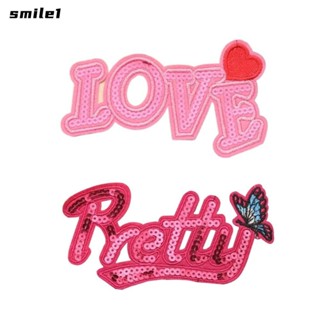 Smile แผ่นแพทช์ ปักเลื่อม ลายตัวอักษรภาษาอังกฤษ "LOVE" 5.5x3 นิ้ว สีแดงกุหลาบ สําหรับกระเป๋า DIY 10 ชิ้น