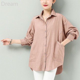 Womens cotton long-sleeved shirt mid-length new wide loose elegant mom shirt coat for women