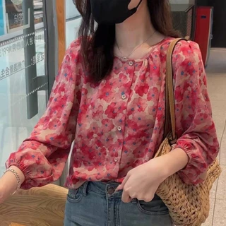 ทพร้อมส่ง！เสื้อเชิ้ตแขนยาวลายดอก ผ้าชีฟองทรงหลวม สไตล์เกาหลี ฝรั่งเศส พลัสไซส์ เหมาะใส่วันสงกรานต์ ผ้าเบาสบาย