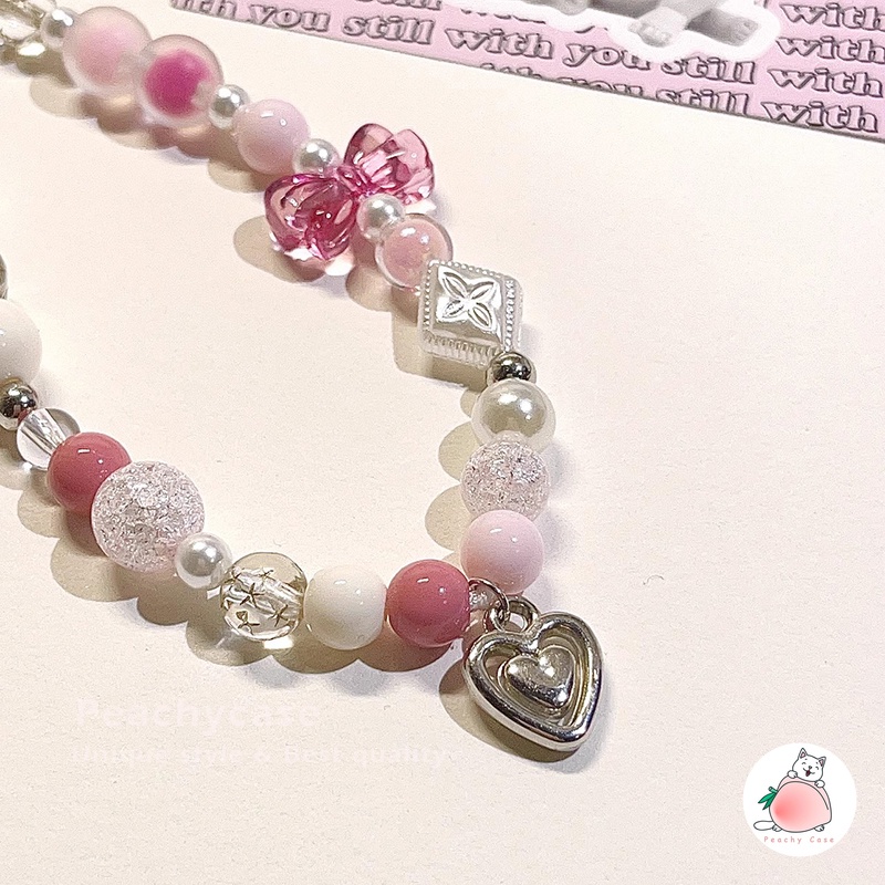 สายโซ่คล้องโทรศัพท์มือถือ สร้อยข้อมือ จี้โบว์ ดาว ดินโพลิเมอร์ แฮนด์เมด สีชมพู - รูปที่ 3