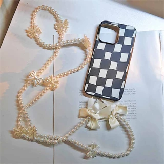 Ins สายคล้องโทรศัพท์มือถือ ประดับโบว์ ไข่มุก ผีเสื้อ อะคริลิค กันหาย