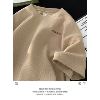 เสื้อยืดแขนสั้นลําลอง แบบครึ่งแขน ทรงหลวม ลายวาฟเฟิล เหมาะกับฤดูร้อน สไตล์สตรีท สําหรับผู้ชาย