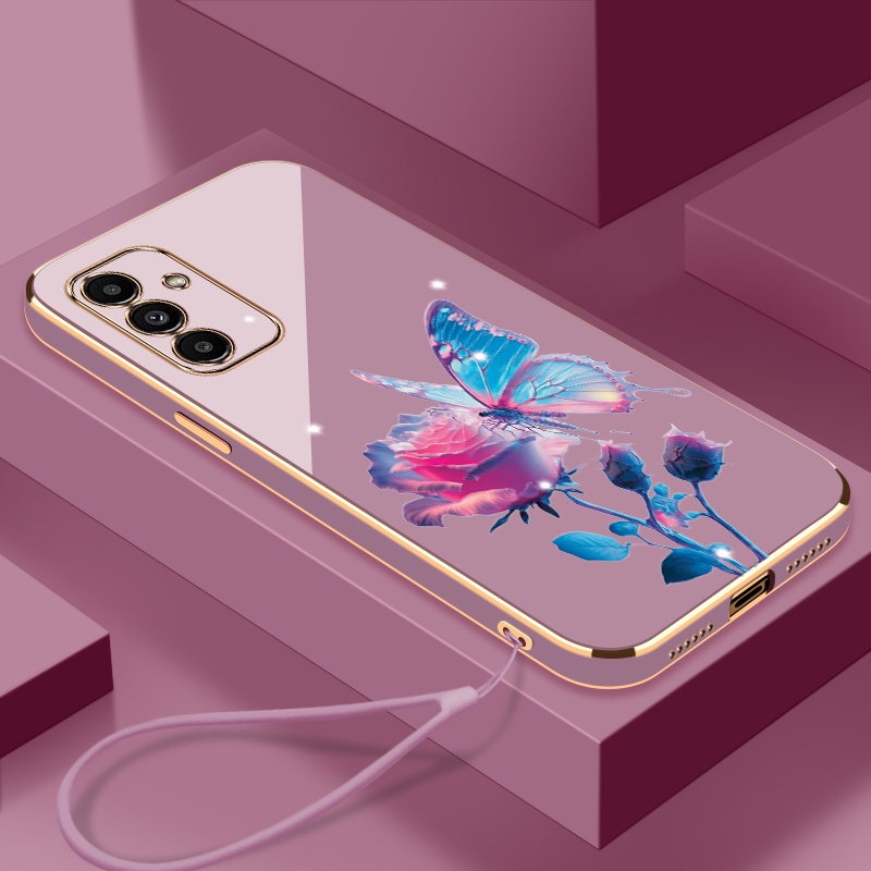 เคสโทรศัพท์มือถือ ซิลิโคน ลายดอกกุหลาบ พร้อมสายคล้อง สําหรับ Samsung A14 5G A14 4G A24 4G A34 5G A54
