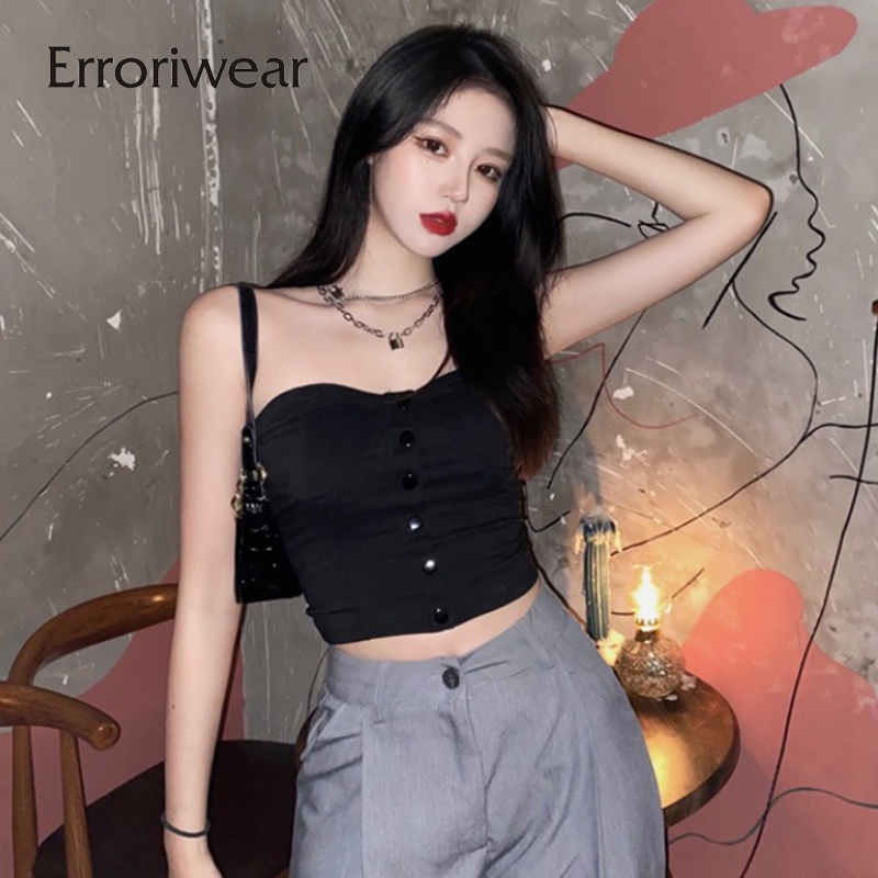Erroriwear เสื้อครอปท็อป เกาะอก เข้ารูป สีดํา สําหรับผู้หญิง 2023