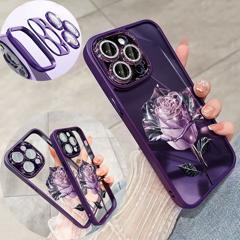 เคสโทรศัพท์มือถือ TPU ป้องกันเลนส์ ลายดอกกุหลาบ สําหรับ iPhone 15 14 13 12 Pro Max 11