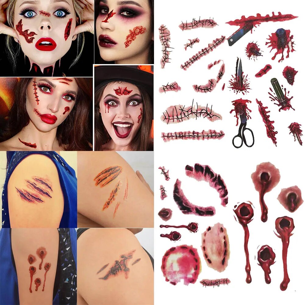 6pcs Sexy Bloody Makeup Zombie Scar Tattoo Decoration Wound Horror Blood Sticker Halloween Waterproo