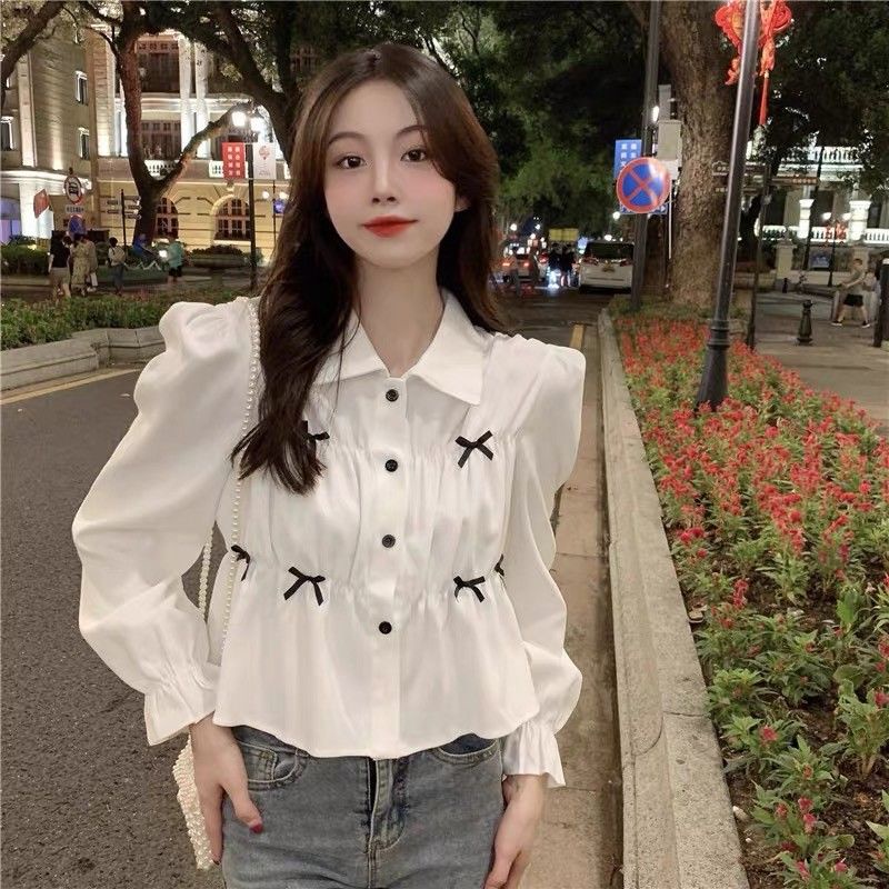เสื้อเชิ้ตแขนยาวผู้หญิง ทรงหลวม ประดับโบว์ เพิ่มความหวาน สไตล์เกาหลี