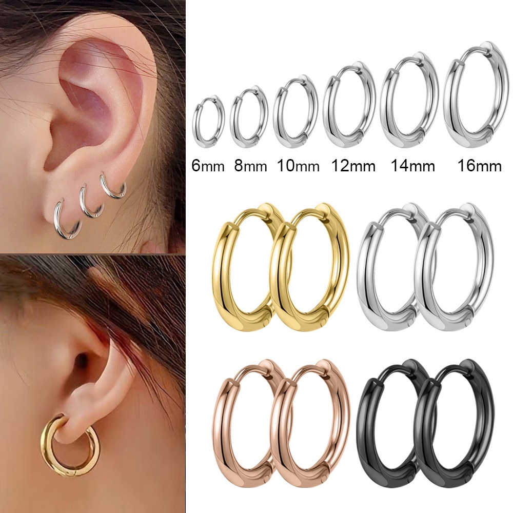 Sporclo ต่างหูห่วง สเตนเลส ทรงกลม ขนาดเล็ก 6-20 มม. สีดํา สไตล์เกาหลี 1 ชิ้น
