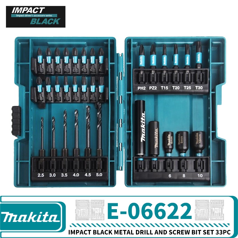 Makita E-06622 ชุดดอกสว่านโลหะ สีดํา และสกรู 33 ชิ้น