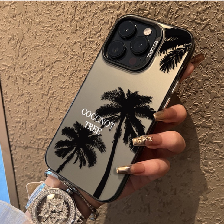 เคสไอโฟน 16/15/14/13/12/11 Pro max Case กันกระแทก silicone coconut tree pattern Silver Matte mờ Compatible Case iPhone 11,12,13,14,15,16,11PM,12PM,13PM,14PM,15PM,16PM,X,XR,7/8+