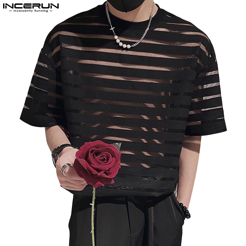 Incerun เสื้อยืด คอกลม แขนสั้น ลายทาง แนวนอน สีใส แฟชั่นสําหรับผู้ชาย