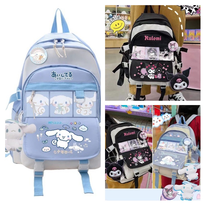 Kawaii Sanrio Mymelody Kuromi Cinnamoroll Pompom ใหม่ กระเป๋าเป้สะพายหลัง กระเป๋านักเรียน ความจุขนาดใหญ่ กลางแจ้ง