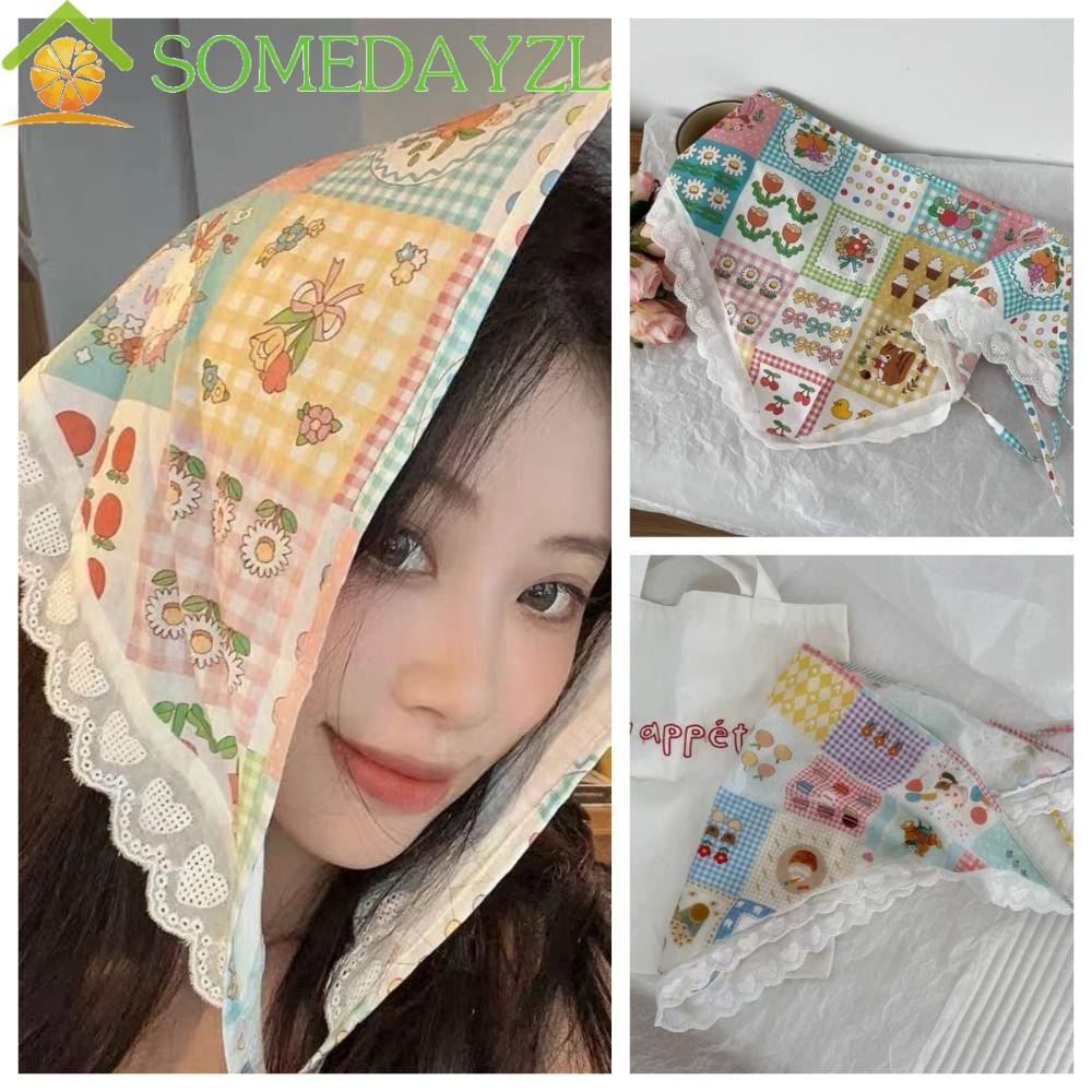 Somedayzl ผ้าโพกหัว ผ้าพันคอ ผ้าโพกหัว ทรงสามเหลี่ยม ลายลูกไม้ สไตล์ฝรั่งเศส หรูหรา สําหรับเด็กผู้หญิง Y2K