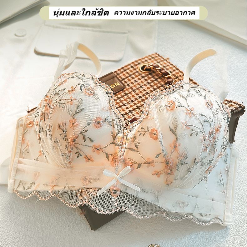 หน้าอกสไตล์หวานรวบรวมหน้าอกแสดงการออกแบบขนาดใหญ่ชุดชั้นในสไตล์แฟชั่นการออกแบบกลีบดอกผ้าลูกไม้คุณภาพสูงชุดชั้นในไม่มีห่วงเหล็กนุ่มและสะดวกสบายชุดชั้นในสตรี